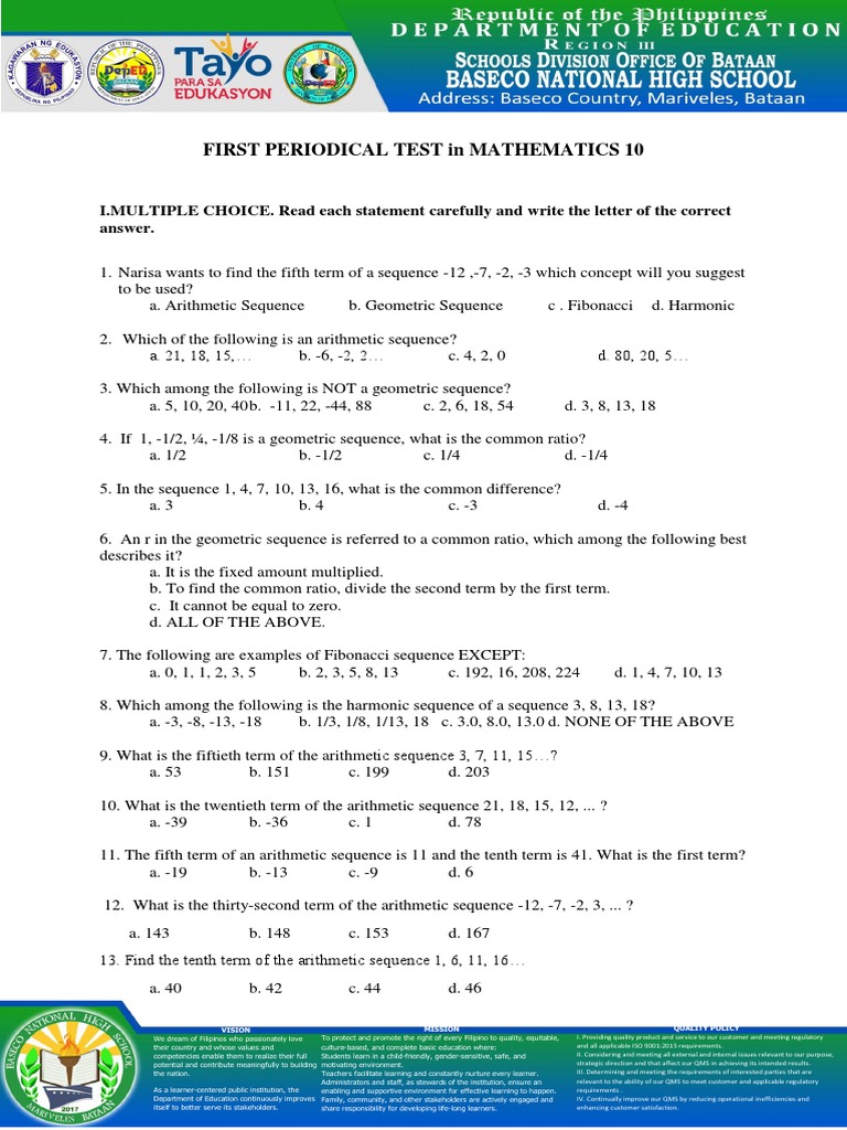 FIRST PERIODICAL TEST in MATHEMATICS 10 | PDF | Ratio | Teaching ...