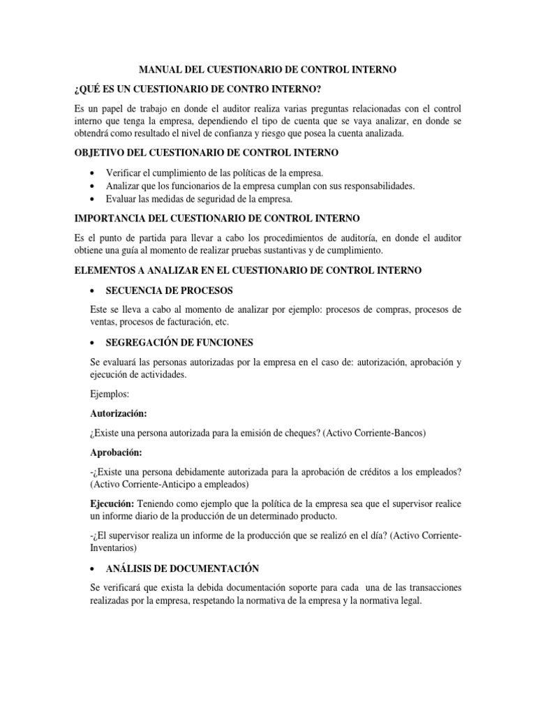 Ejemplo de Cuestionario de Control Interno | PDF | Contralor ...