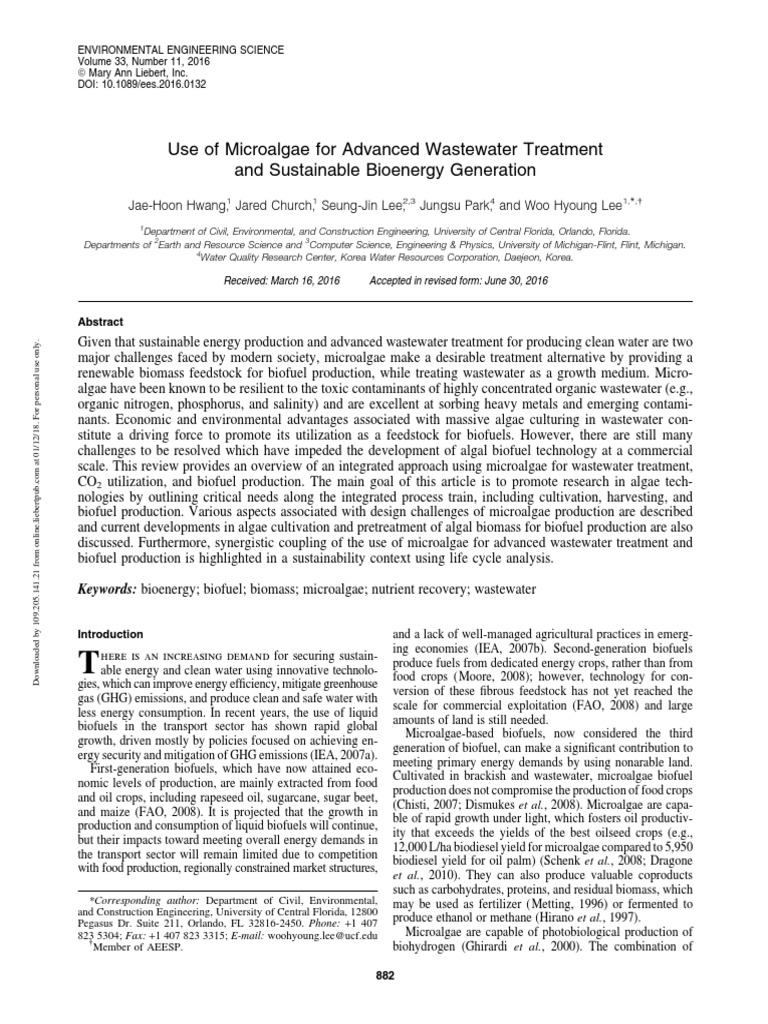 Microalgae for Wastewater Treatment & Biofuel | PDF | Algae Fuel | Biofuel