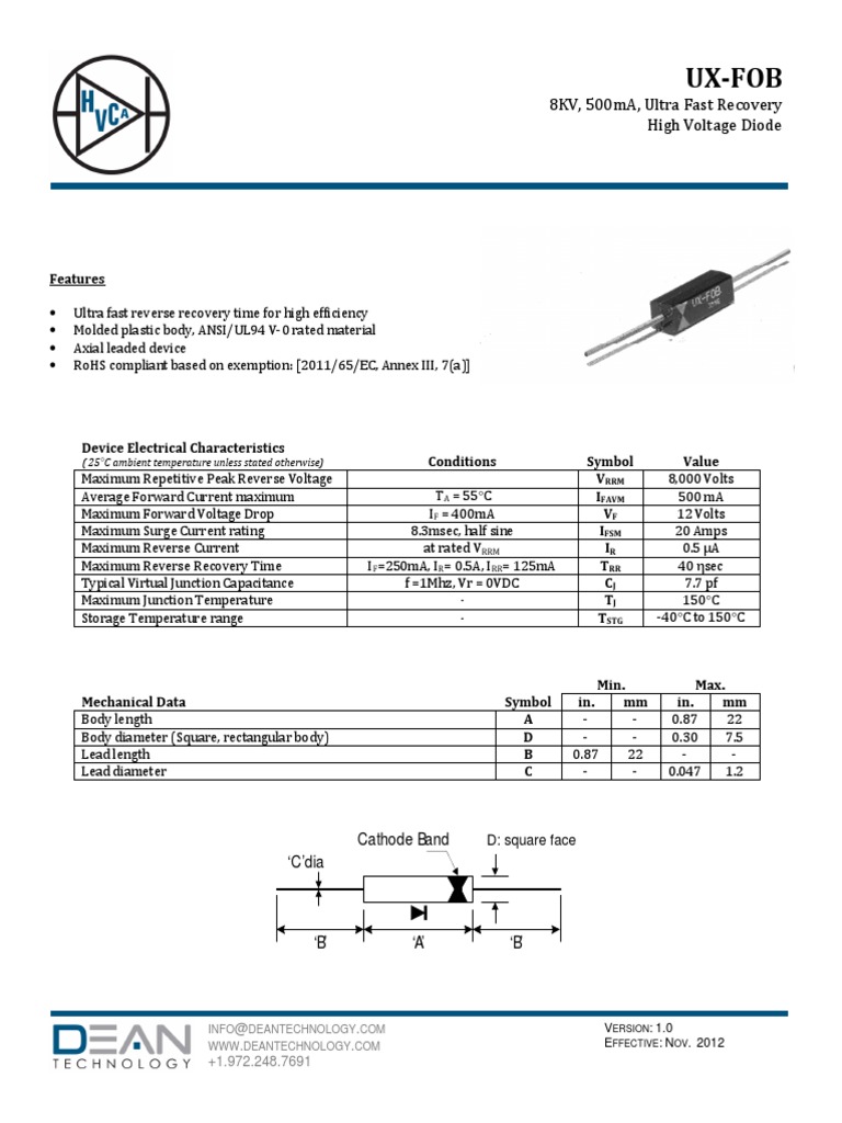 UX-FOB 8KV, 500ma, Ultra Fast Recovery High Voltage Diode | PDF | Diode ...