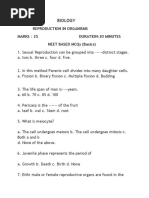 Biology: Reproduction in Organisms Marks: 25 Duration:30 Minutes