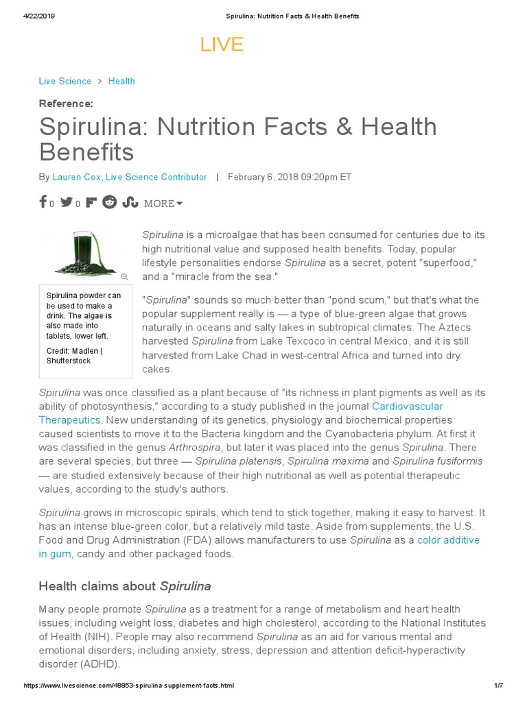 Spirulina Nutrition Facts & Health Benefits PDF Dietary