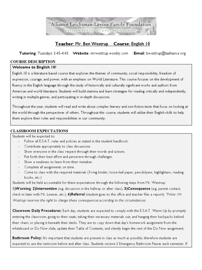 English 10 Course Syllabus Overview | PDF | Homework | Education Theory
