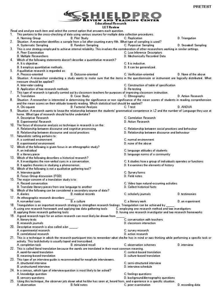 Pre Test EDUCATIONAL RESEARCH | PDF | Sampling (Statistics) | Interview