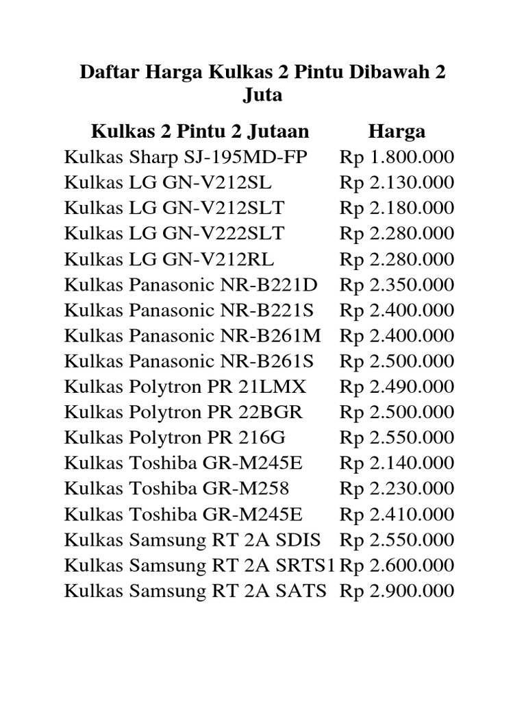 Daftar Harga Kulkas 2 Pintu Dibawah 2 Juta