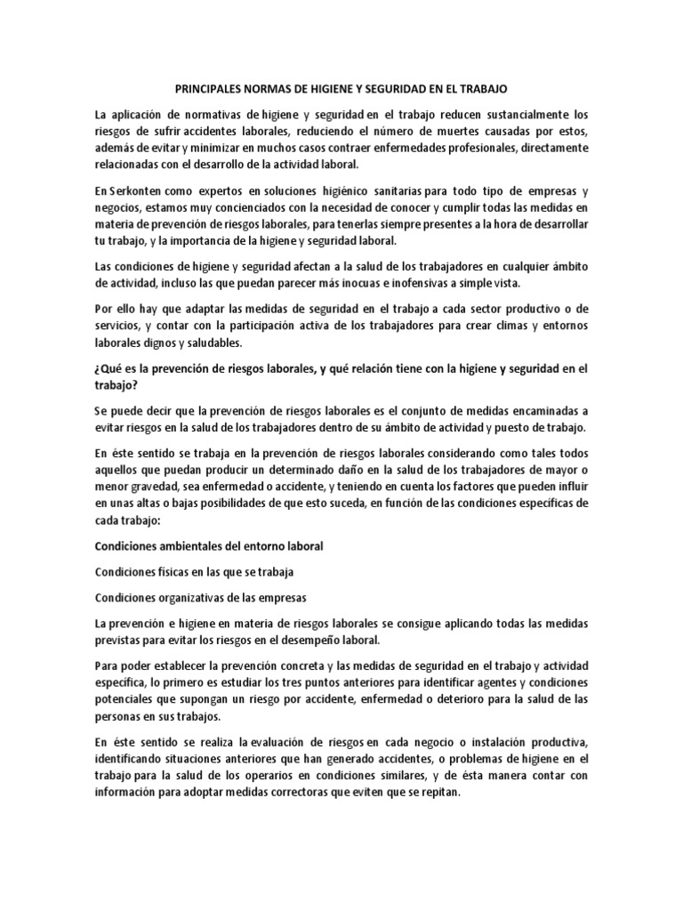 Normas de Higiene y Seguridad Laboral | PDF | Seguridad y salud ...