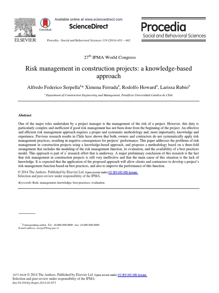 Risk Management in Construction Projects: A Knowledge-Based Approach ...