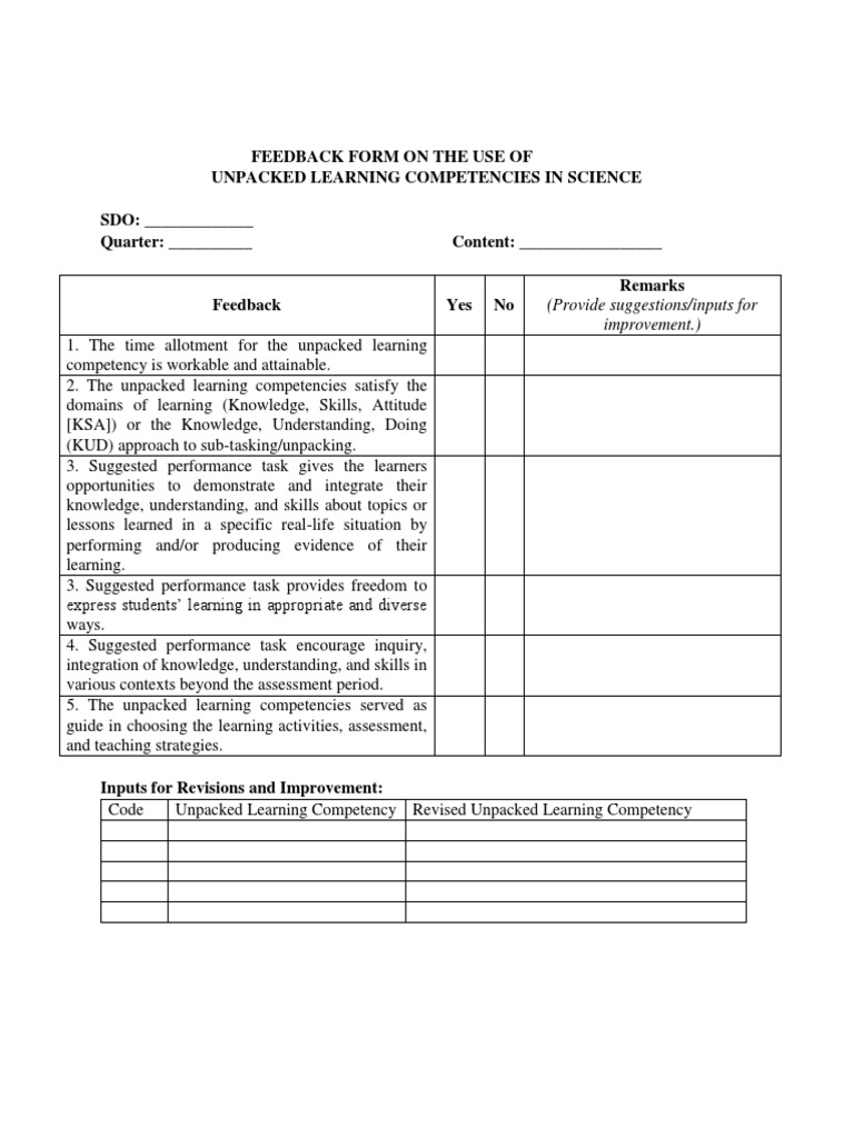 Feedback Form for Science Learning Competencies | PDF | Career & Growth