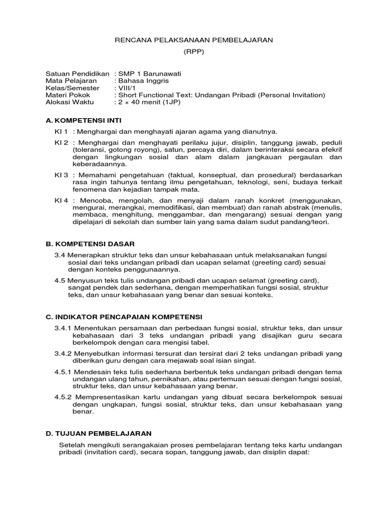 RPP Tentang Invitation Card Kelas 8 | PDF