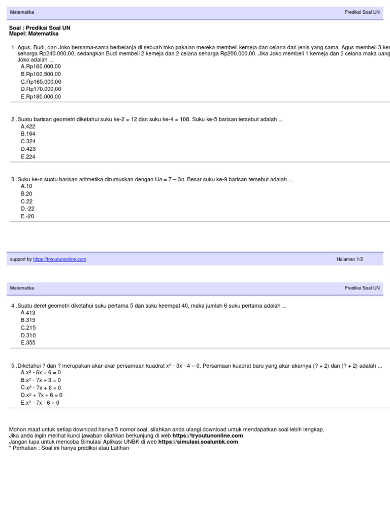 Soal Prediksi Soal Un Matematika
