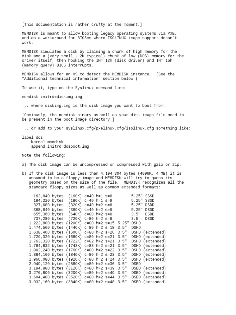 MEMDISK Usage for Booting Images | PDF | Floppy Disk | Bios