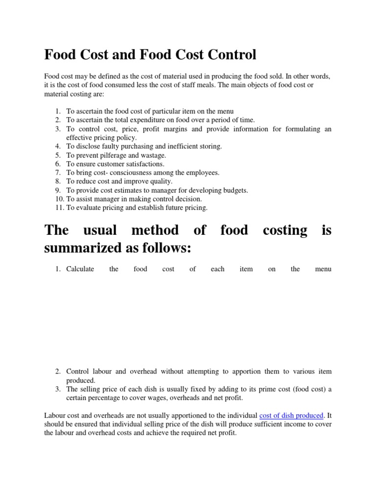 Food Costing Notes PDF Cost Foods