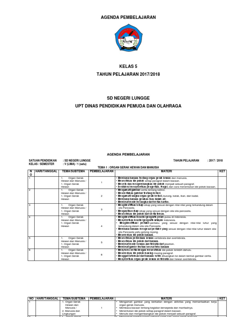 Agenda Pembelajaran Kls 5 2017 Docx