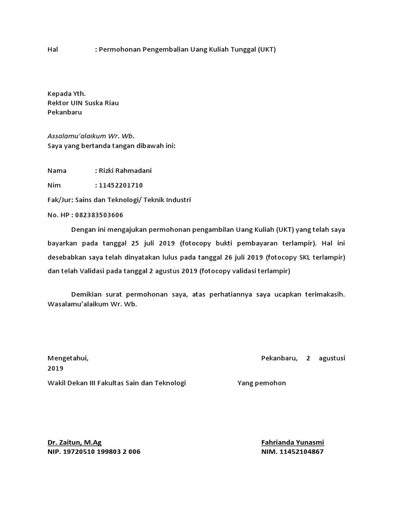 Permohonan Pengembalian Uang Kuliah Tunggal Ukt
