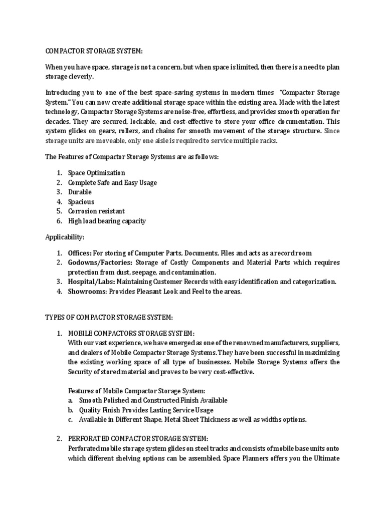 COMPACTOR STORAGE SYSTEM (Content) | Download Free PDF | Warehouse ...