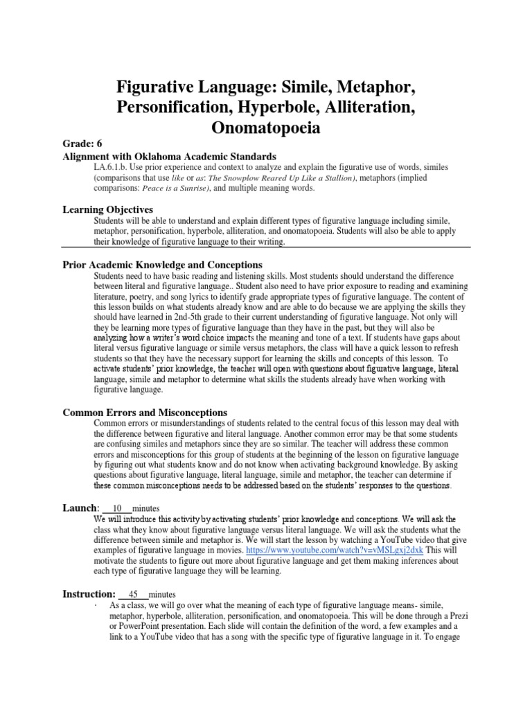 Figurative Language Lesson Plan PDF Metaphor Teachers