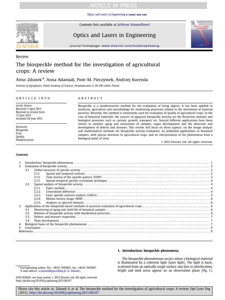 Optics and Lasers in Engineering Artur Zdunek, Anna Adamiak, Piotr M