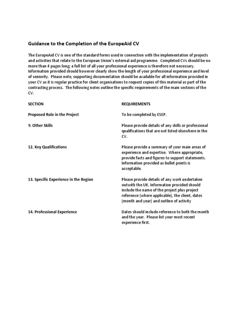EuropeAid CV Guidance PDF