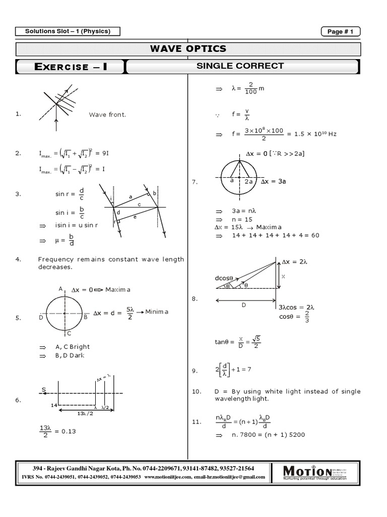 Wave Optics Class 12 Solutions PDF | PDF | Wavelength | Waves