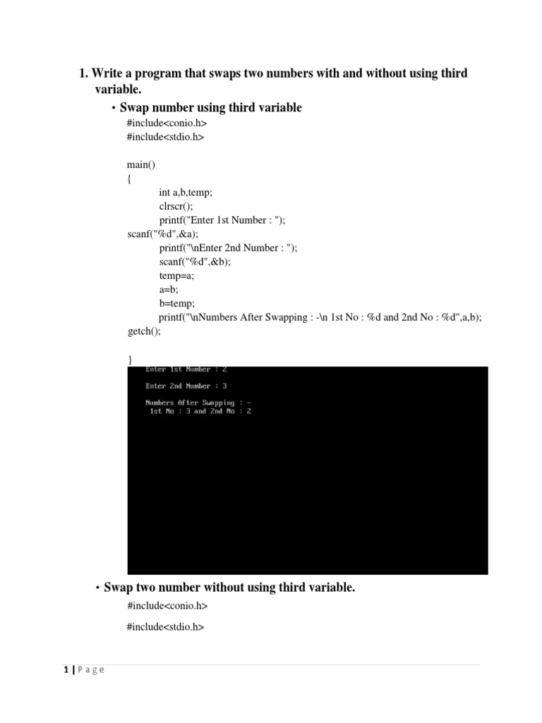 Swap Number Using Third Variable: 1. Write A Program That Swaps Two Numbers  With and Without Using Third Variable | PDF | Area | Discrete Mathematics
