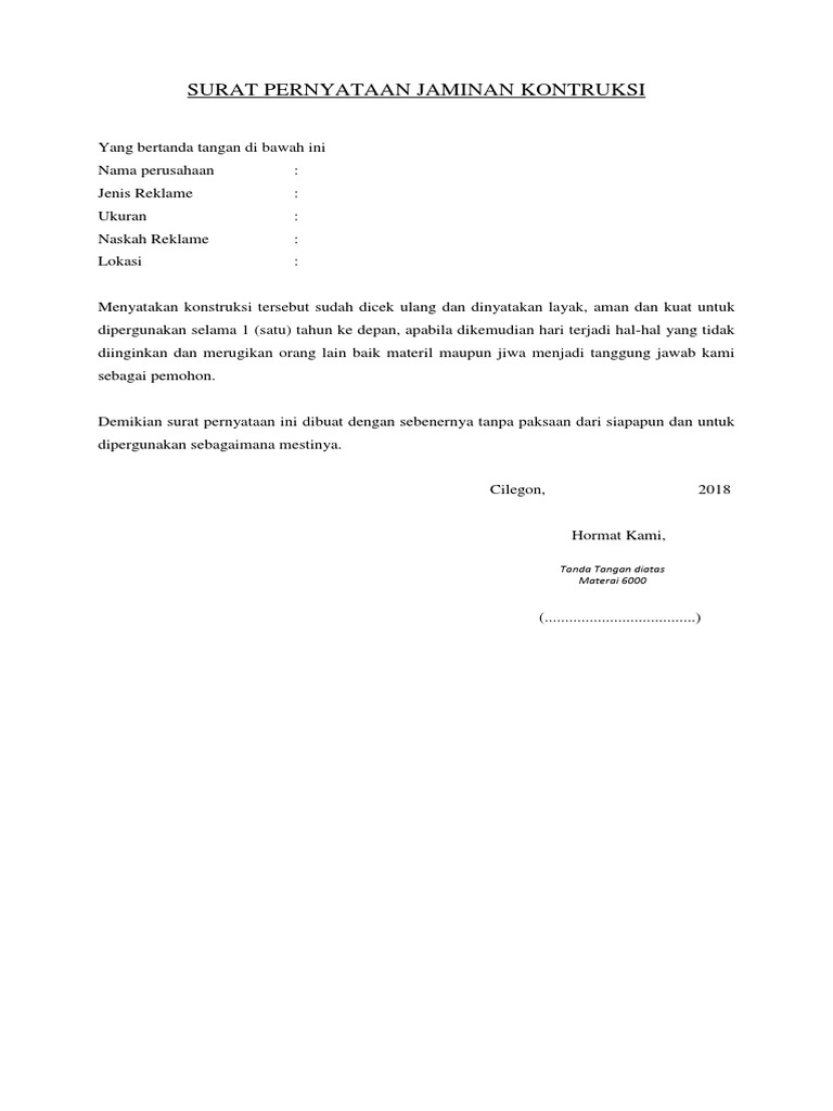 Surat Pernyataan Jaminan Konstruksi