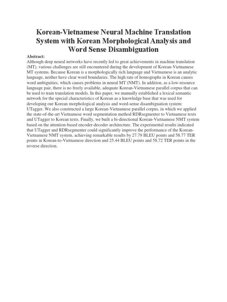Korean-Vietnamese Neural Machine Translation System With Korean ...