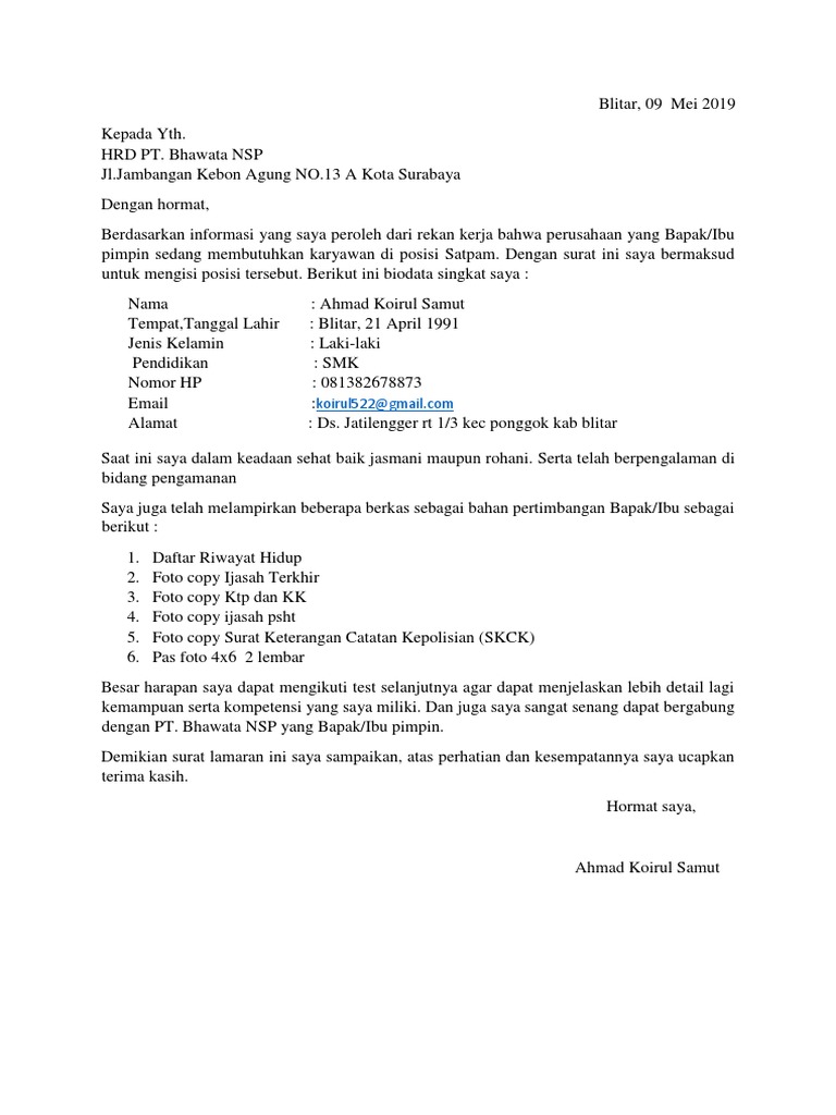 Contoh Surat Lamaran Kerja Satpam
