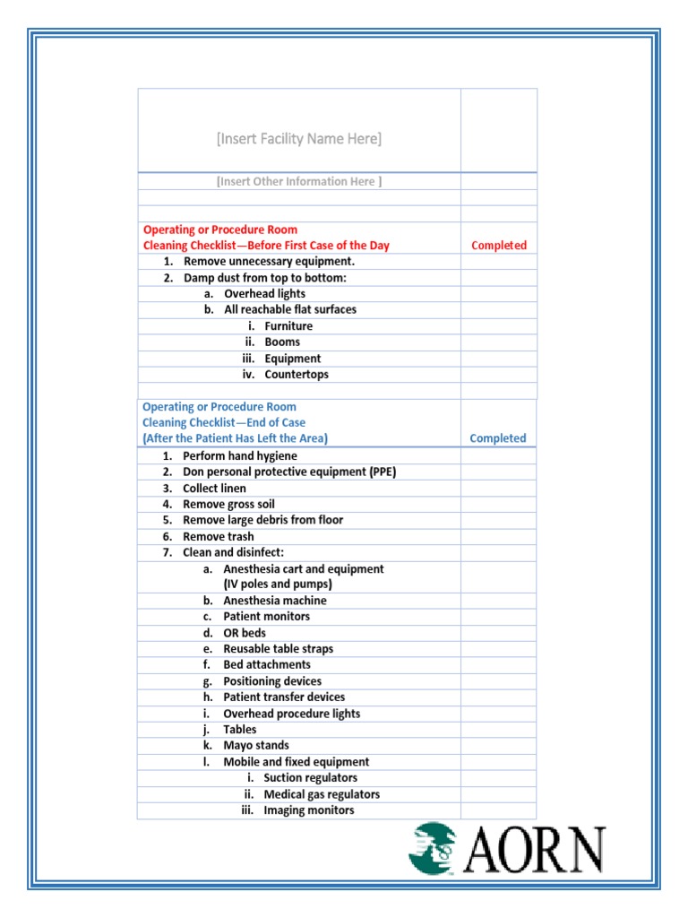AORN Sample Cleaning Checklist Includes or and Pre and Postop PDF
