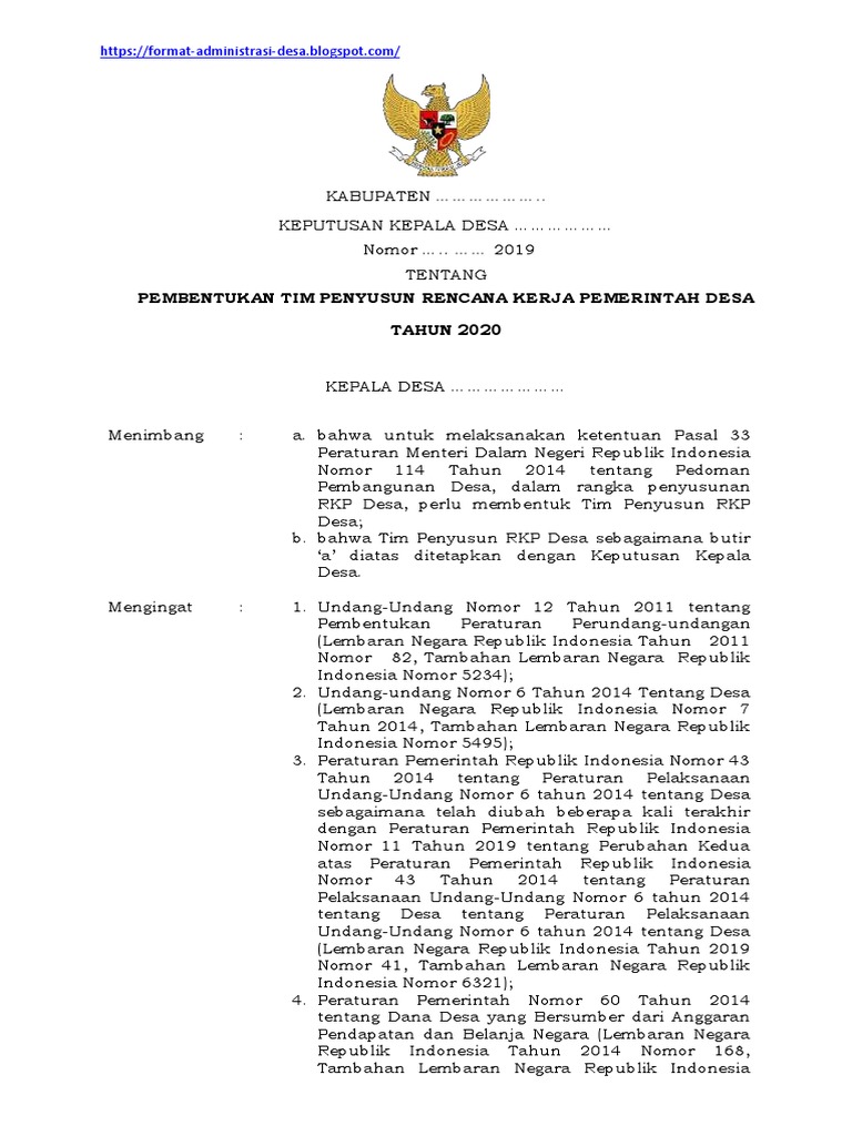 Format SK Penunjukan Tim Penyusun RKP Desa 2020 PDF