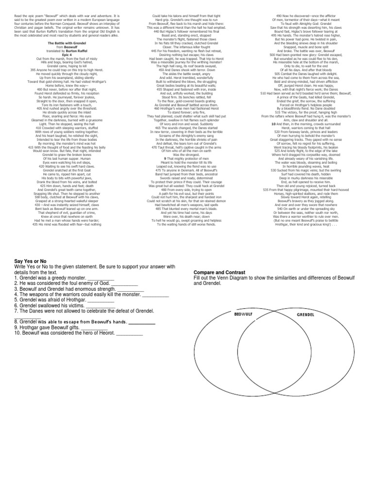 The Battle With Grendel Epic 4 | PDF | Beowulf | English Heroic Legends
