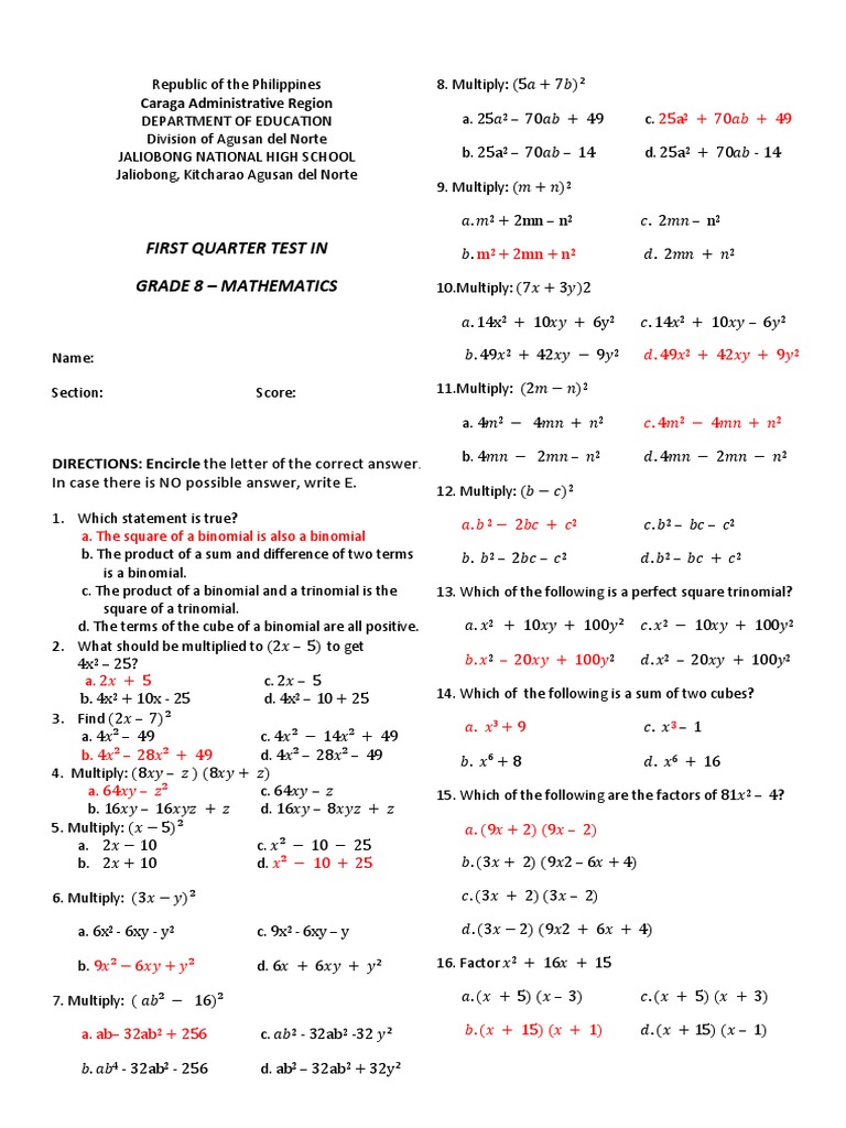 Grade 8 Math Factoring Test | PDF | Elementary Mathematics | Teaching ...