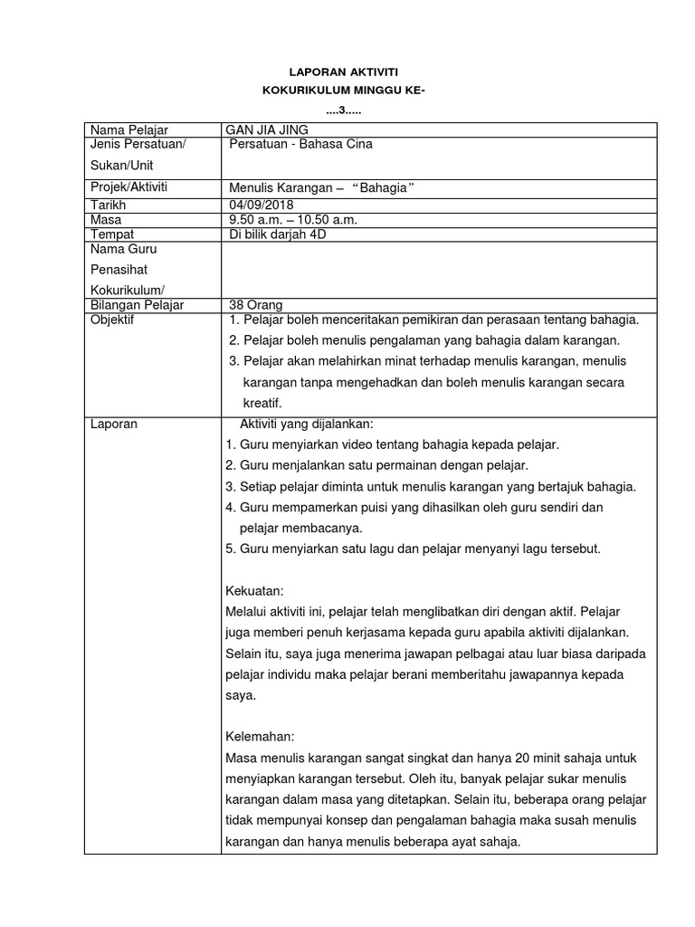 Laporan Aktiviti Kokurikulum Minggu Ke 3 Pdf