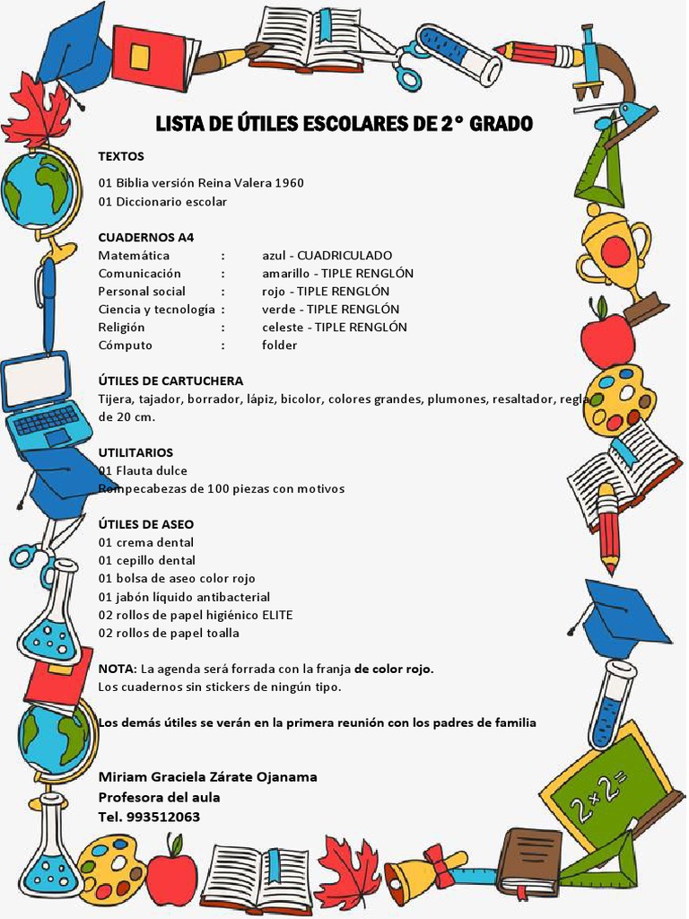 Lista de Útiles Escolares de 2 Grado de Primaria PDF