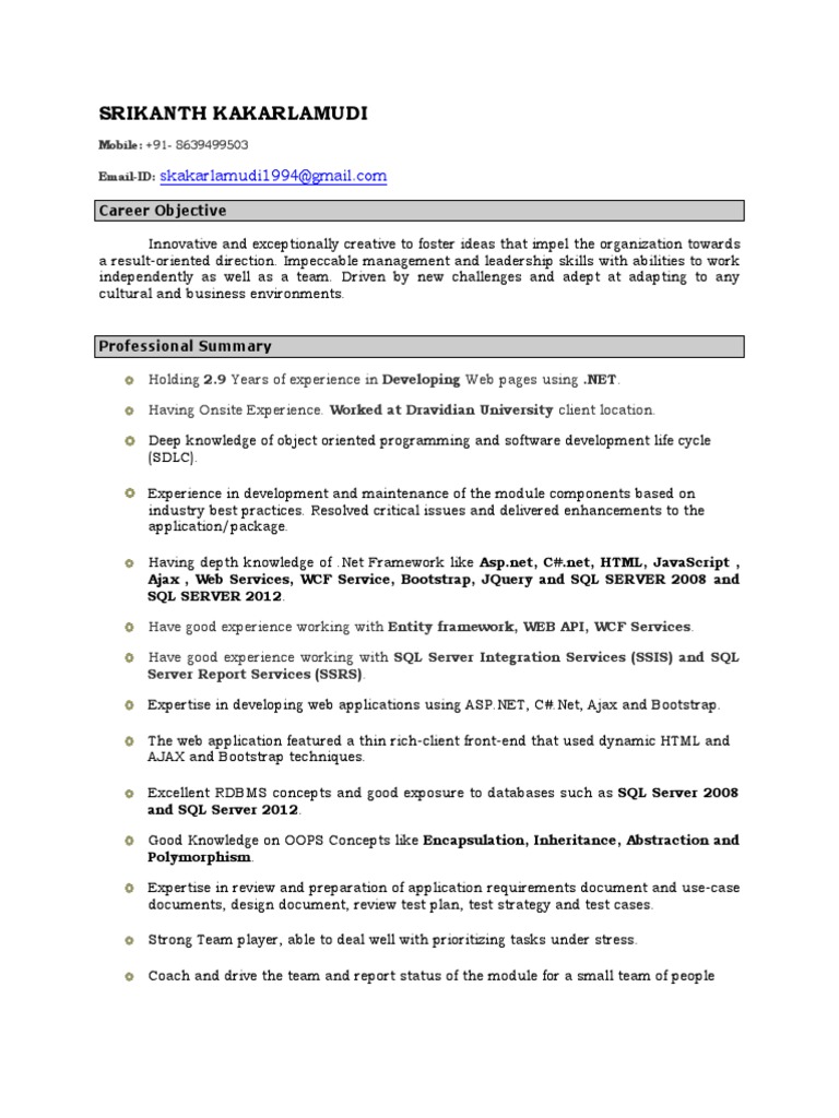 .NET Developer Resume - Srikant Kakarlamudi | PDF | Web Application ...