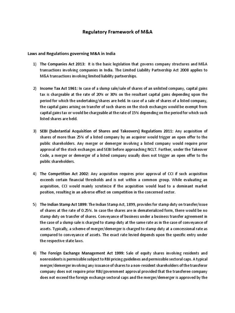 M&A Regulatory Provisions in India | PDF | Mergers And Acquisitions ...
