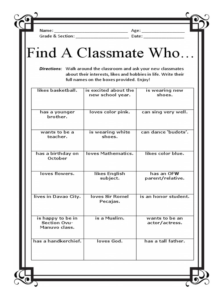 Find a classmate who activity sheet pdf