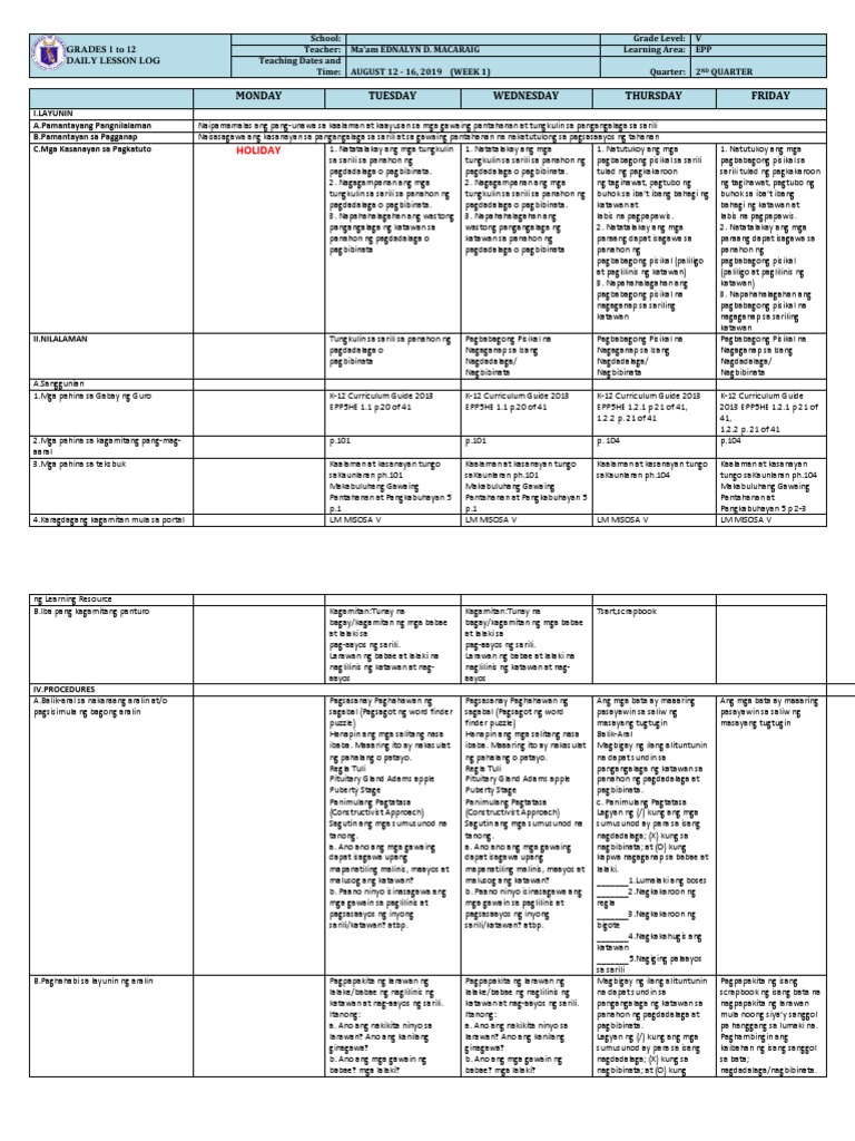 DLL - Epp 5 - Q2 - W1 | PDF