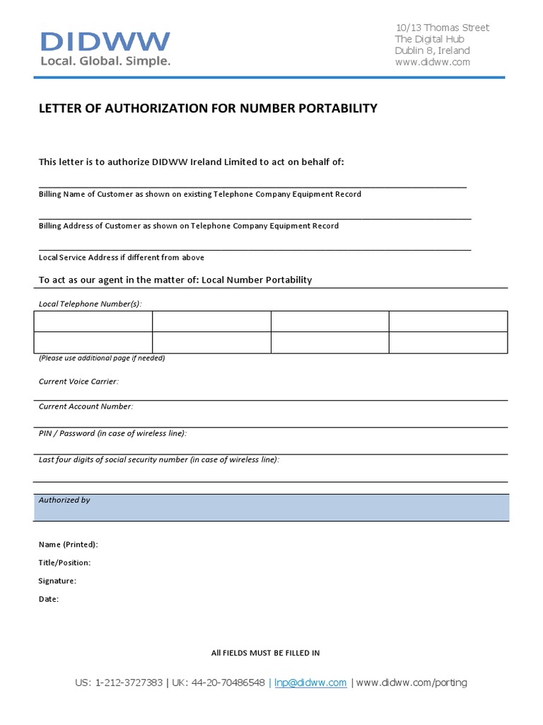 DIDWW Ireland Number Portability Authorization | PDF | Business