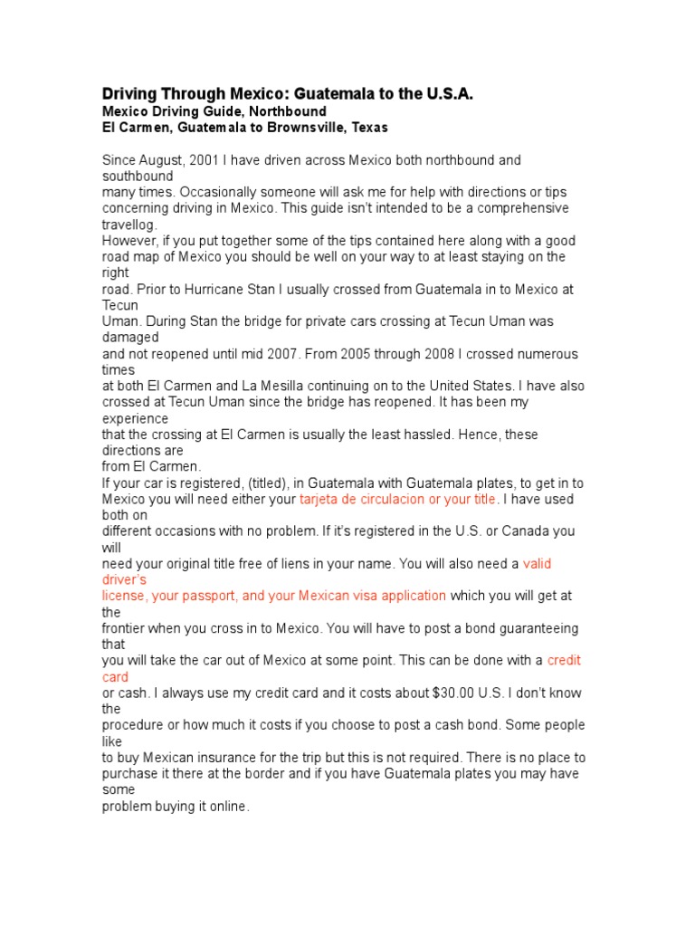 Driving Through Mexico Guatemala To The U.S.A PDF Travel Visa