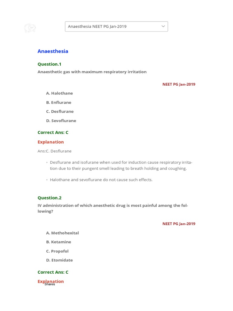 Neet PG 2019 | PDF | Anesthesia | Medical Specialties