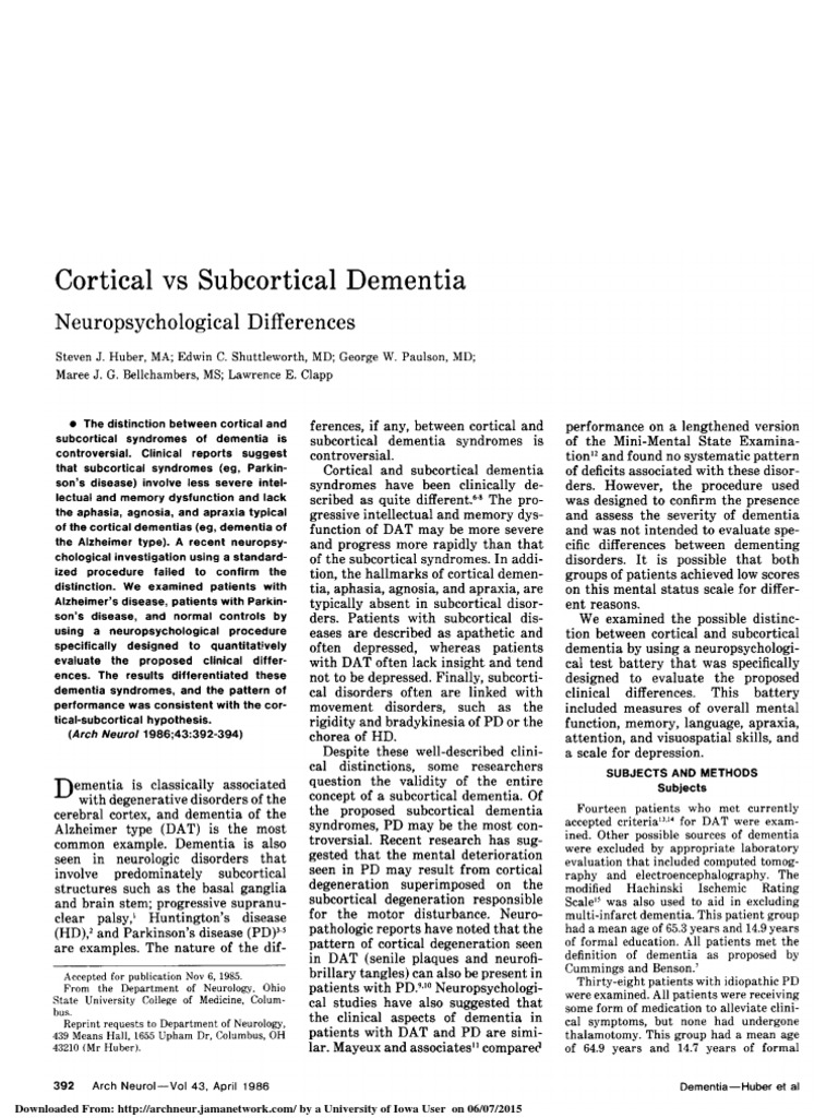 Cortical vs Subcortical Dementia Analysis | PDF | Dementia | Alzheimer ...