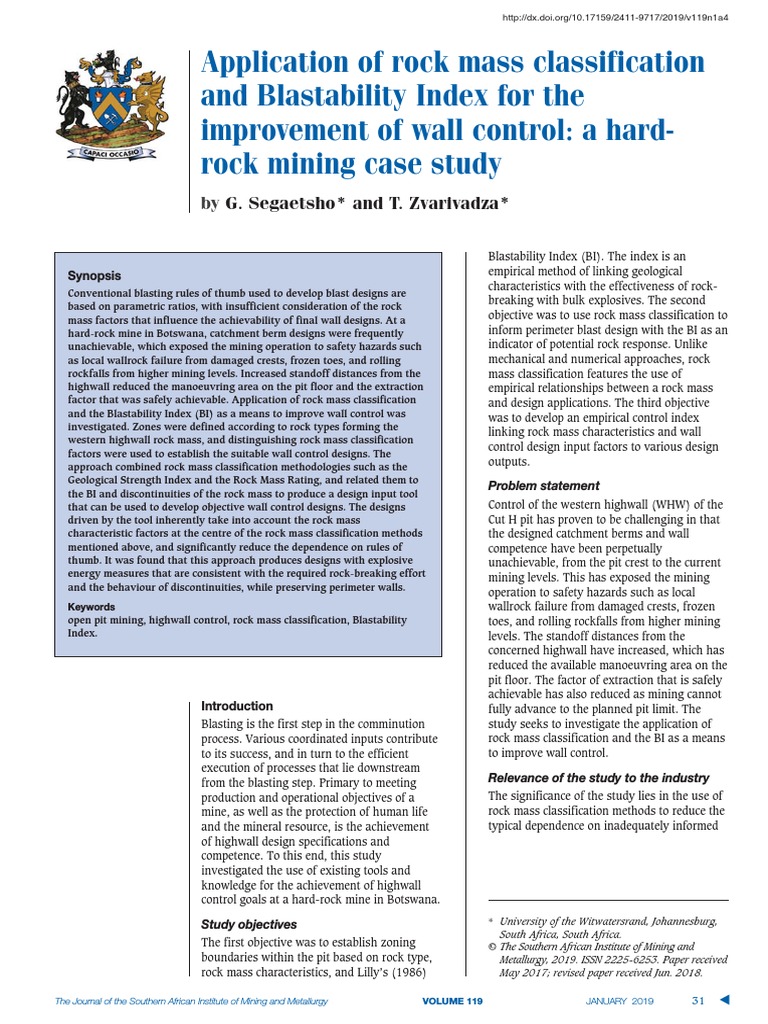 Application of Rock Mass Classification and Blastability | PDF ...