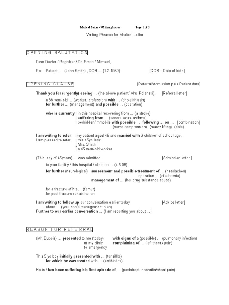 Medical Letter - Writing Phrases Page 1 of 6 | PDF | Physical ...