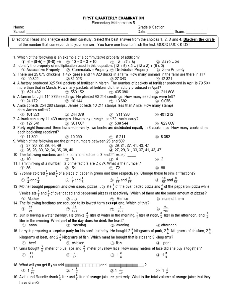 First Quarterly Math Examination | PDF | Fraction (Mathematics) | Integer