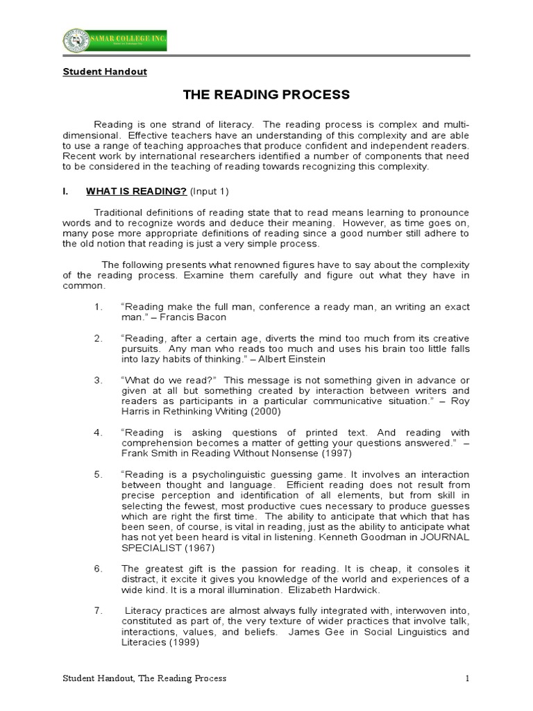 The Reading Process PDF Fluency Reading Comprehension