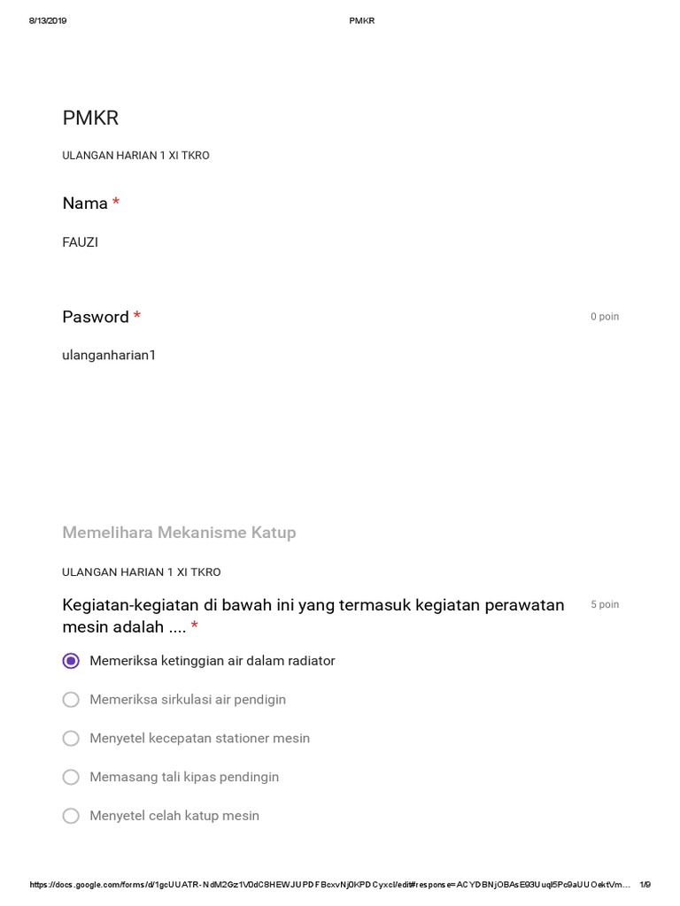 Soal Perawatan Berkala Sistem Utama Engine Dan Mekanisme Katup Google Formulir