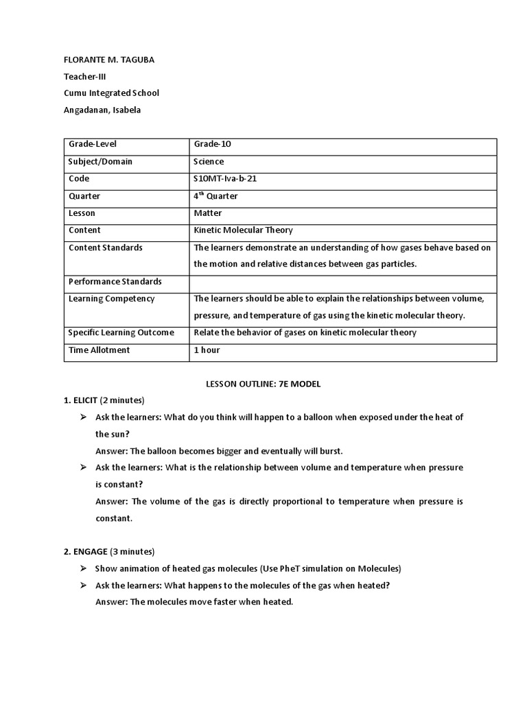 Kinetic Molecular Theory Lesson Plan | PDF | Collision | Gases