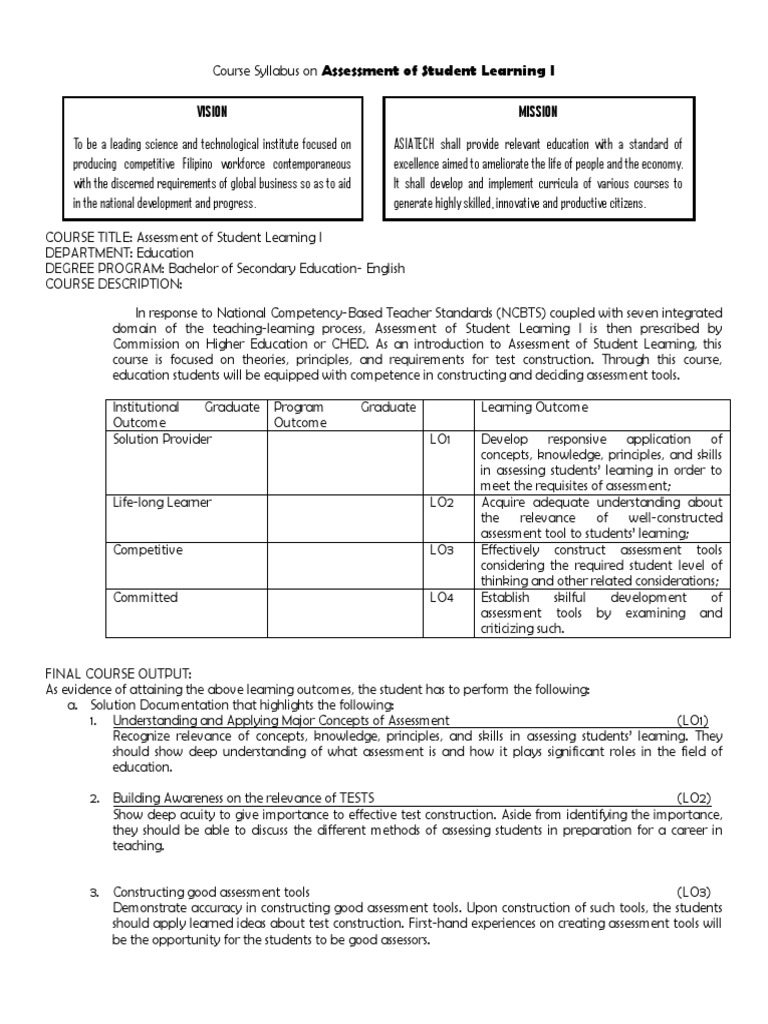Syllabus for Assessment of Learning I | PDF | Educational Assessment ...