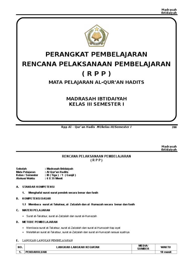 Rpp Qur An Hadits Kelas 3 Semester 1 Doc