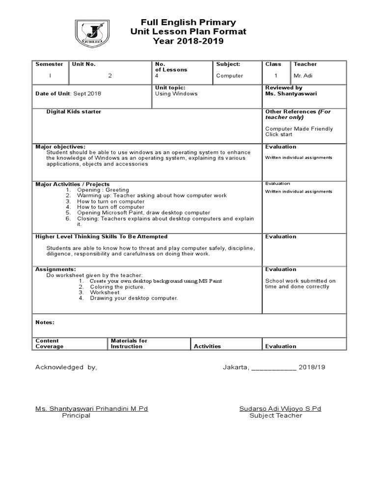 Computer GRD 1 Unit Plan 2 | PDF | Lesson Plan | Teachers